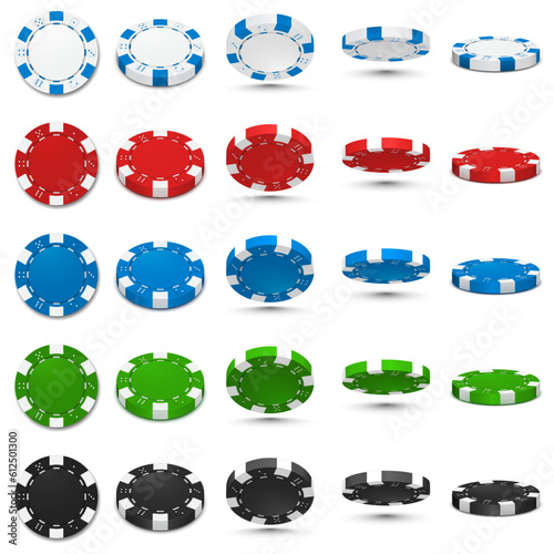 Poker chips in different position. White, red, blue, green and black chips isolated on white background. Vector illustration.