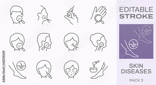 Skin diseases icons, such as psoriasis, sunburn, rosacea, bruise and more. Editable stroke.