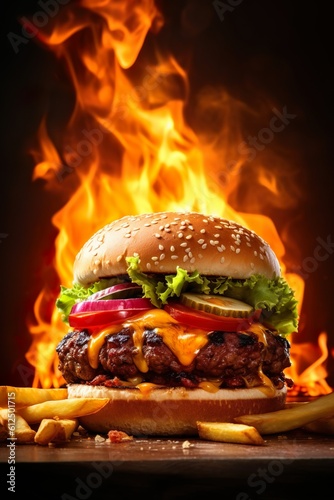 Tasty burger with french fries and fire | Generative AI 
