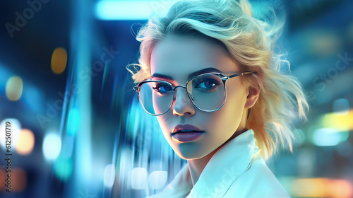 Women wearing eyeglasses futuristic neon fancy glamour beautiful cool eyewear accessories sunglasses Generative AI