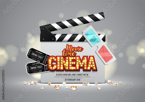 Movie time. Cinema banner or poster with clapperboard, tickets and 3d glasses. Vector illustration.