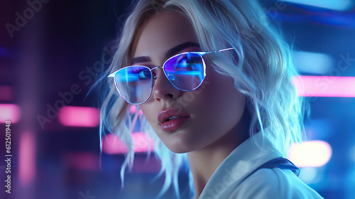 Women wearing eyeglasses futuristic neon fancy glamour beautiful cool eyewear accessories sunglasses Generative AI
