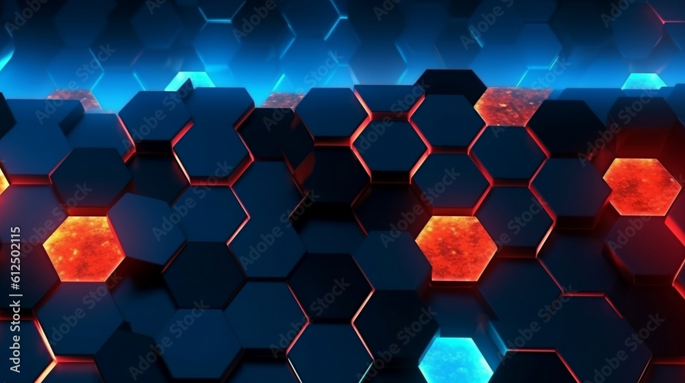 geometric background with blue hexagons and orange lights, in the style of shaped canvas, dark crimson and sky-blue, focus on materials, lightbox, molecular, utilizes, decorative geometric background with blue hexagons and orange lights, in the style of shaped canvas, dark crimson and sky-blue, focus on materials, lightbox, molecular, utilizes, decorative