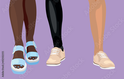 Legs of different people on lilac background