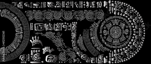 Ancient patterns. A set of images of  symbols, letters and masks  of the ancient  Mayan and Aztec civilizations.