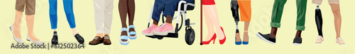 Legs of many different people on light yellow background