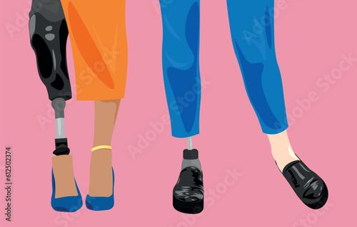 Women with prosthetic legs on pink background