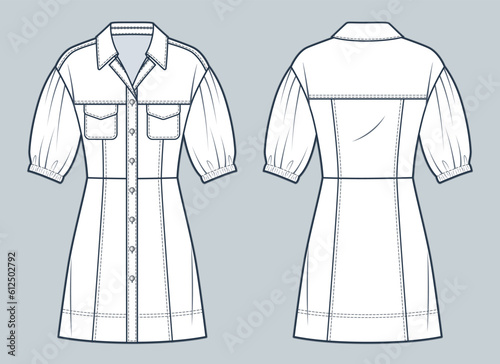 Denim mini Dress technical fashion Illustration. Puff Sleeve Dress fashion flat technical drawing template, button-up, slim fit, front and back view, white, women CAD mockup set.
