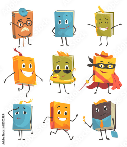 Books characters set. Cute cartoon faces with different emotions and in action. Childish education concept, design elements. Isolated  illustration