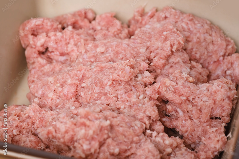 closeup minced meat, raw fresh minced meat with fat from pork, beef, lamb, concept of cooking at home in kitchen closeup minced meat, raw fresh minced meat with fat from pork, beef, lamb, concept of cooking at home in kitchen