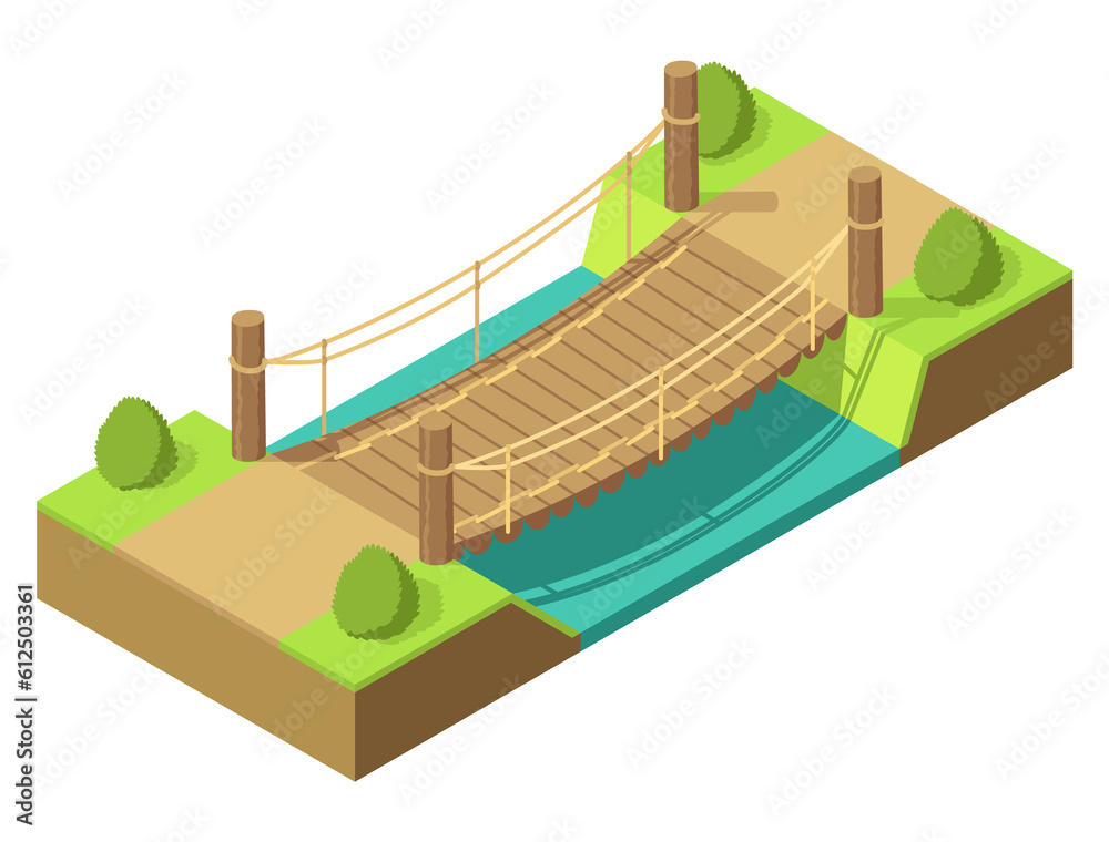 Bridge isometric. 3d isolated drawing element of modern urban infrastructure for games or applications. Bridge across the river with grass and tree, isometric icon. Element infographic