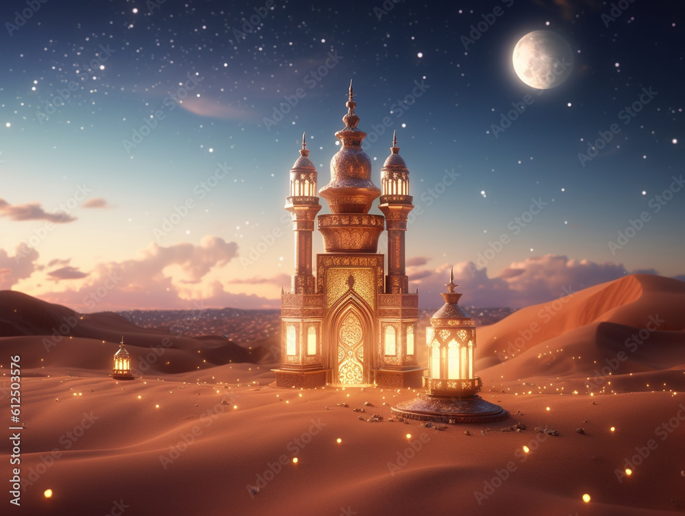 Fototapeta premium Photo Islamic Mosque in the evening with sunlight background
