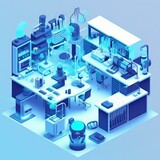 a futuristic chemistry lab with laboratory equipment, blue and white colors