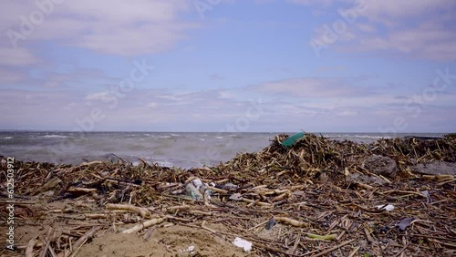 Floating debris has reached the Black Sea beaches in Odessa, Ukraine. Environmental disaster caused by the explosion of Kakhovka Hydroelectric Power Plant dam photo