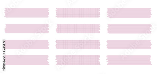 Set of pink paper sheets. Pieces of decorative tape for scrapbooks. Washi tapes collection in vector. Ripped paper. Torn pieces of paper from a notebook in a cell