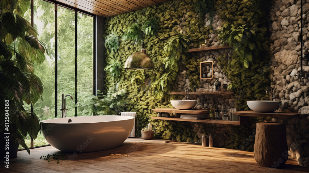A nature-inspired bathroom with earthy tones, featuring a stone accent wall, a rainfall showerhead, and a deep wooden soaking tub surrounded by lush greenery Generative AI