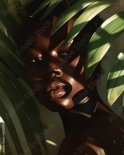 Beauty portrait of Black woman with nature green leaves shadows. 