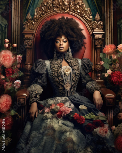 Portrait of Black woman queen on throne.  photo