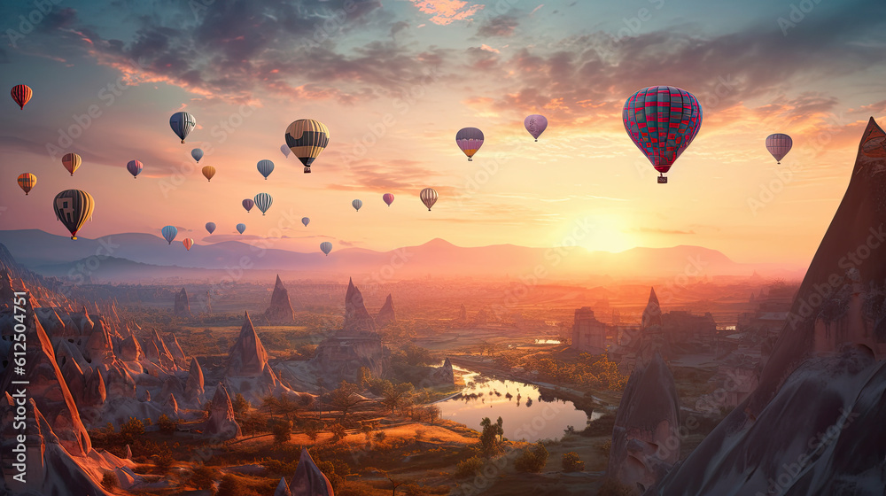 hot air balloon flying in the sky with beautiful view by AI
