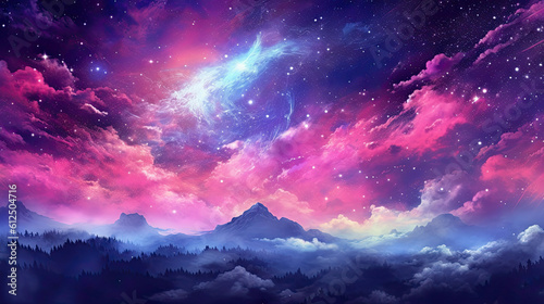 View of mountain and colorful background with stars by AI