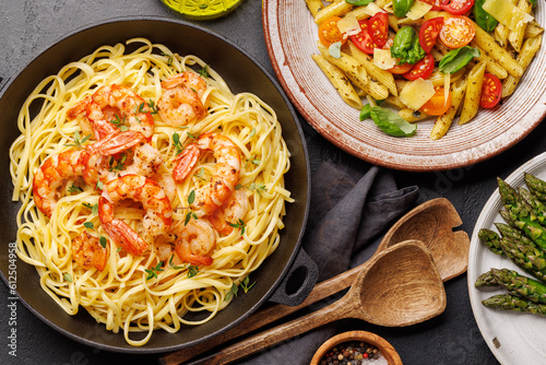 A delightful Italian pasta adorned with shrimps