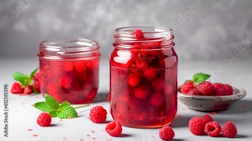 A jar of raspberry jam and fresh raspberry on a light grey background. Generative AI