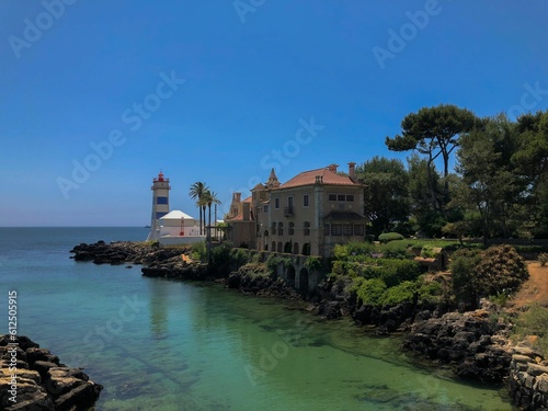 Fototapeta Naklejka Na Ścianę i Meble -  Santa Maria House Museum on the estuary of the River Taguson on a sunny day in Cascais, Portugal