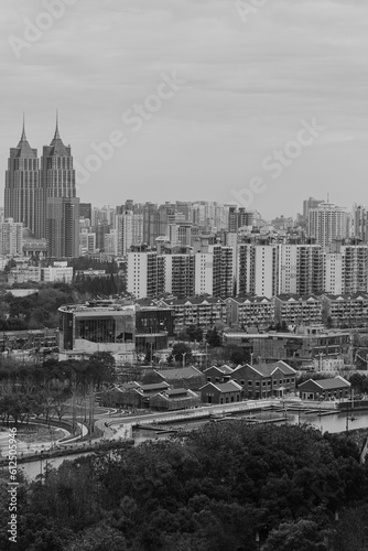 Vertical shot of buildings in Putuo and Changn District  Shanghai in grayscale