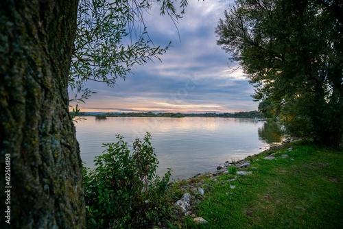 Sunset riverside with grass and trees in Prelog city on River Drava, Croatia