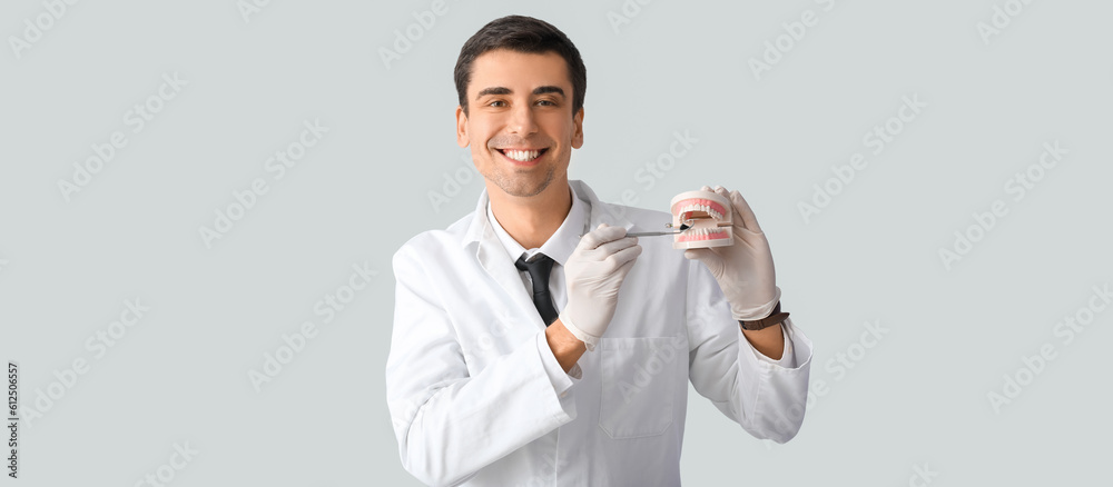 Male dentist with plastic jaw model on light background Male dentist with plastic jaw model on light background