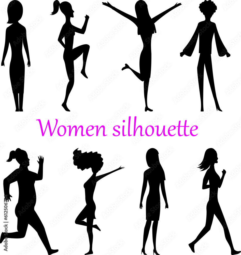 Women silhouette set. Isolated vector collection of girls in various poses, forms and positions