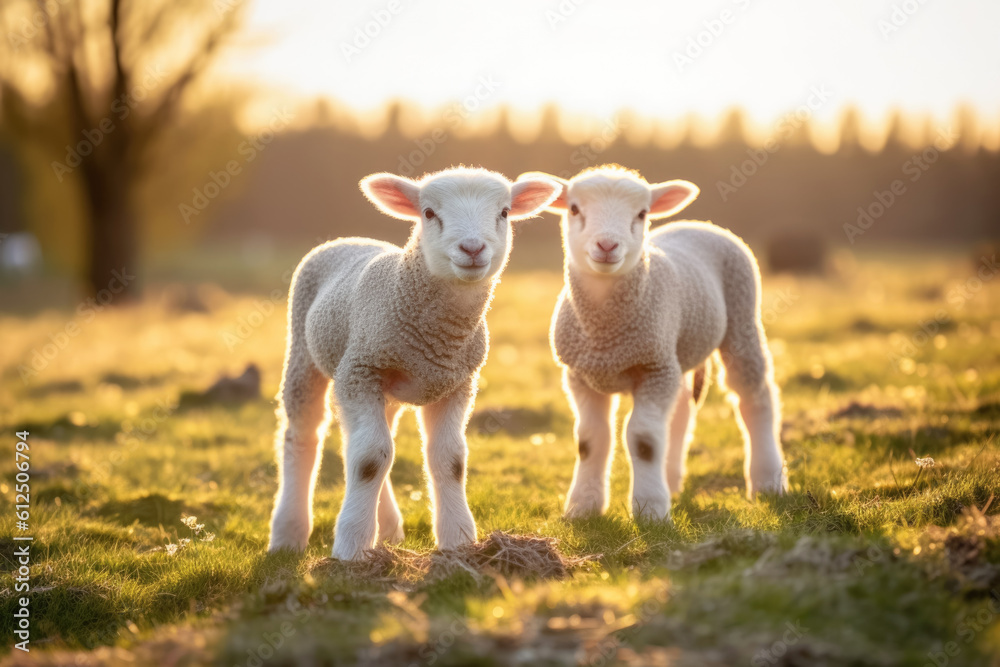 Two young lamb sheep on spring meadow looking curious into camera, nice warm afternoon sunlight haze. Generative AI Two young lamb sheep on spring meadow looking curious into camera, nice warm afternoon sunlight haze. Generative AI