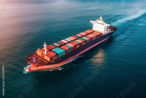 Freight transport by container ship, sea business shipping, aerial drone view, export import logistic Generative Ai.