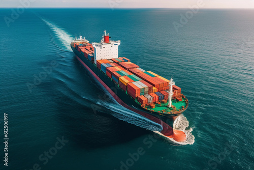 Global logistics, container ship on open sea, aerial drone perspective. Generative Ai.