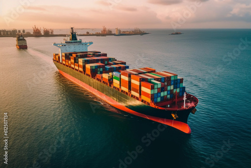 Export and import logistic by container ship, aerial drone view of sea freight transport, business shipping cargo boat. Generative Ai.