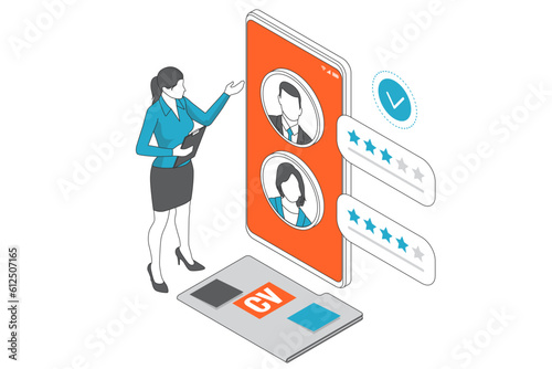 Isometric CV, hiring and recruitment. Online job search, human resource concept.