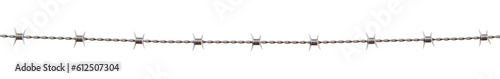 Shiny metal steel barbed wire with thorns or spikes realistic, 3D render.