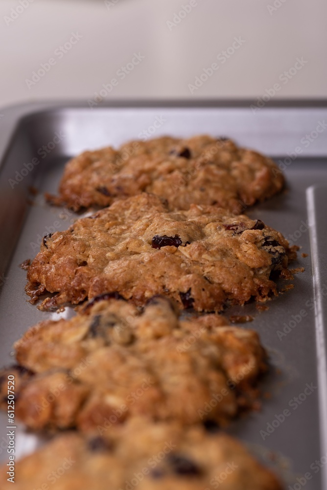 Vertical shot of oat cookies with dry fruits on a metal plate Vertical shot of oat cookies with dry fruits on a metal plate