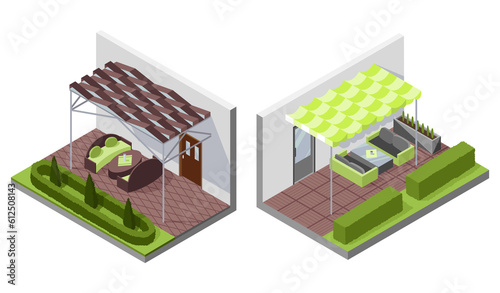 Set of inner courtyard isometric compositions with patio. House with private terrace with covering from above. Covered veranda for table place. Modern architecture