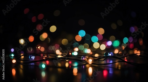 Colorful bokeh of lights on black background created with Generative AI technology.