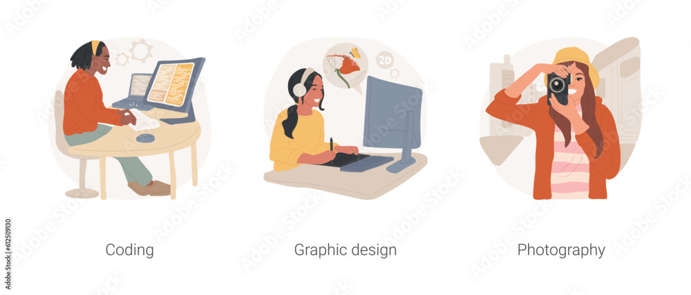 Modern hobby isolated cartoon vector illustration set. Teen boy programming and coding, graphic design, teenage girl drawing using tablet, digital photography, taking pictures vector cartoon.