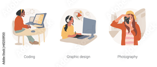 Modern hobby isolated cartoon vector illustration set. Teen boy programming and coding, graphic design, teenage girl drawing using tablet, digital photography, taking pictures vector cartoon.
