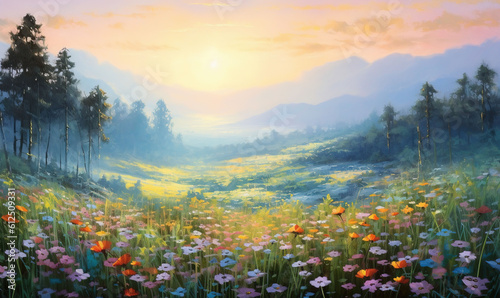  a painting of a field of flowers with a sunset in the background and trees in the foreground and a mountain range in the distance. generative ai