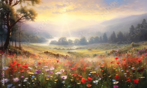  a painting of a field of flowers with the sun shining through the clouds in the distance behind the trees and hills in the distance,. generative ai