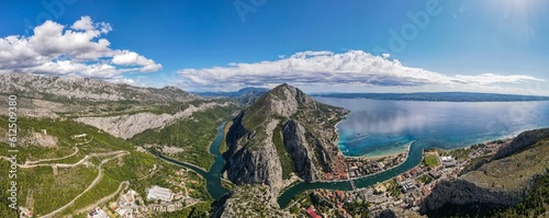 Aerial panoramic shot of the Omis and Cetina Rivers at Dalmatia and Cetina in Croatia