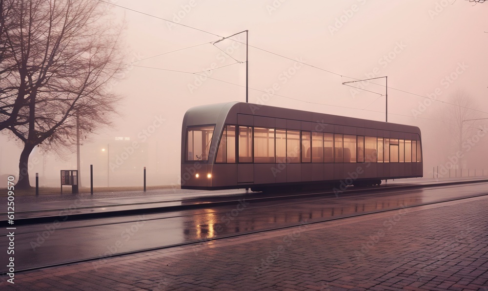  a train on the tracks in the foggy weather with a tree in the foreground and a person walking on the sidewalk in the foreground.  generative ai