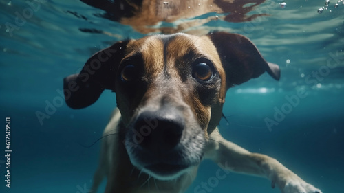 Cute dog diving under water in swimming pool at sunny day. AI generated.