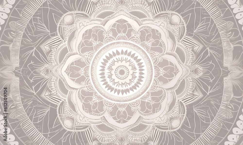  a circular design with a flower in the middle of the center of the image, in shades of gray and white, on a gray background.  generative ai