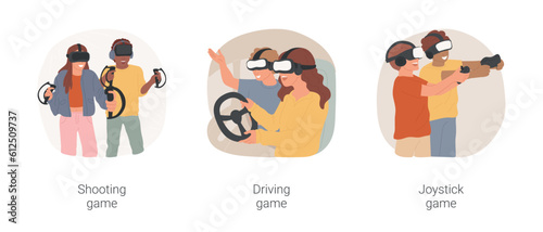 VR club isolated cartoon vector illustration set. Virtual reality headset, teen play shooting game, car driving controller, 3d environment, teenager using VR joystick, entertainment vector cartoon.