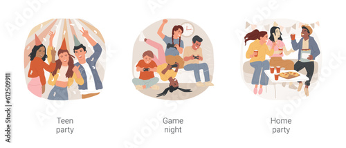 Teen party isolated cartoon vector illustration set. Diverse teenagers dancing, having fun, boys and girls grimacing, game night, play together, friends at home party, celebration vector cartoon.
